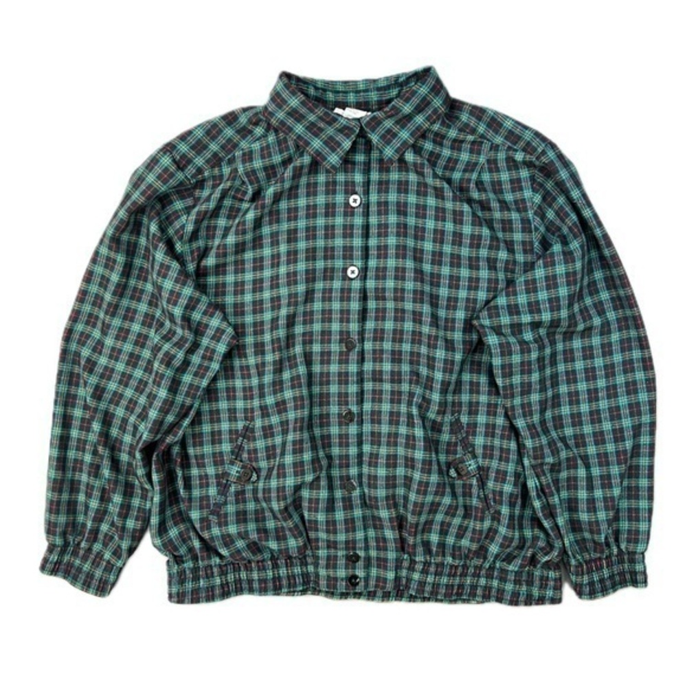 Designer Green and Black Tartan Viscose Button Up Bomber Jacket